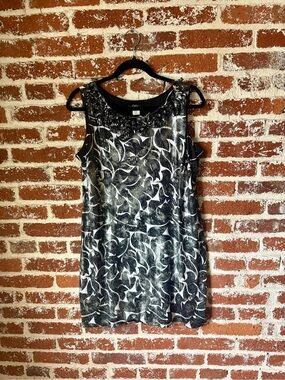 Y2K MSK Black & White Floral Mini Dress with Ruffled Neck and Sparkles